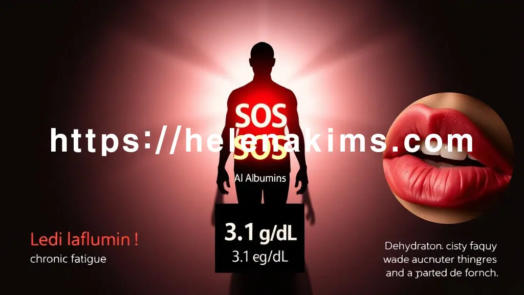 중앙에 'SOS' 경고등이 깜빡이는 듯한 추상적인 인체 간 실루엣이 있고, 그 아래로 혈액 검사표의 낮은 알부민 수치 '3.1 g/dL'가 표시된 이미지.
