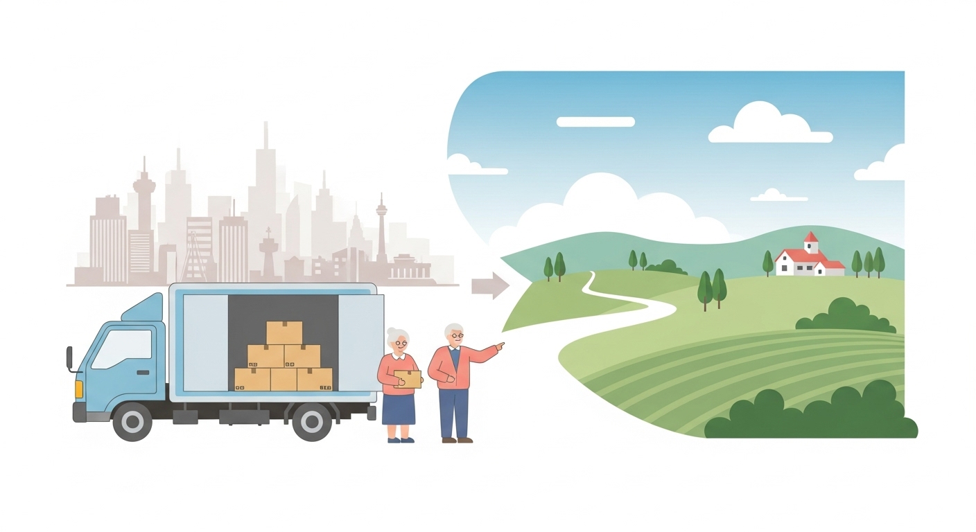 노부부가 짐을 싣고 도시에서 시골로 이주하는 장면. 1