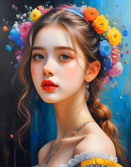 긴 갈색머리를 묶고 머리에 꽃장식을 한 아름다운 소녀가 벙면을 바라본다.