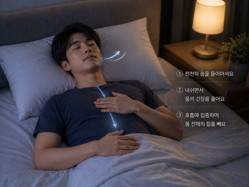 침대에 누워 호흡법으로 잠을 청하는 모습