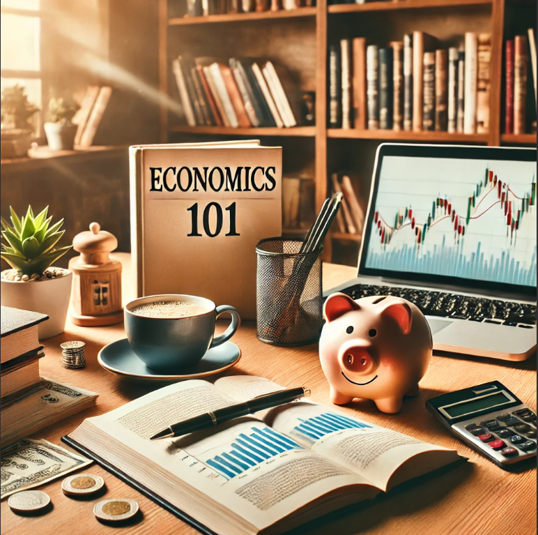 책상 위에 경제관련 책, 노트북, 저금통이 놓여있어 경제공부를 할수 있는 환경을 나타낸 그림