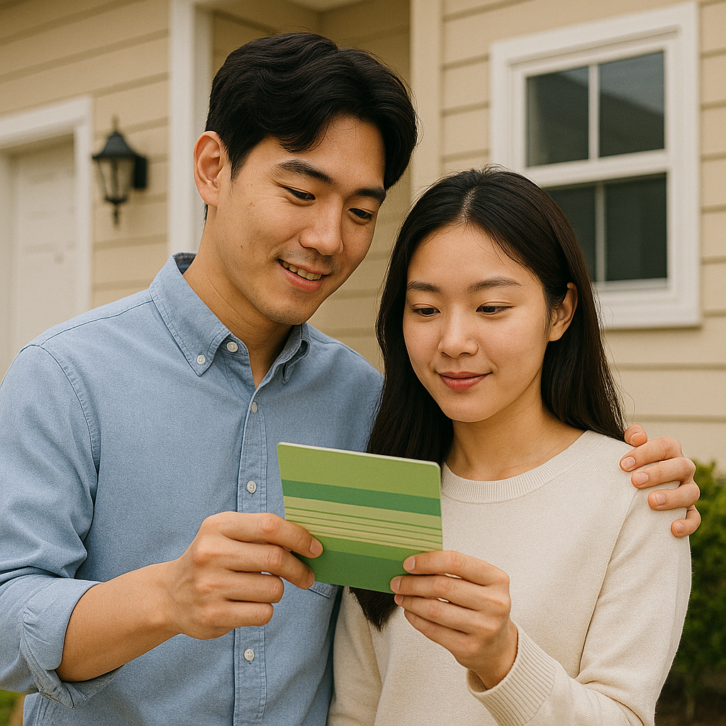주택 앞에서 통장을 확인하는 청년 커플