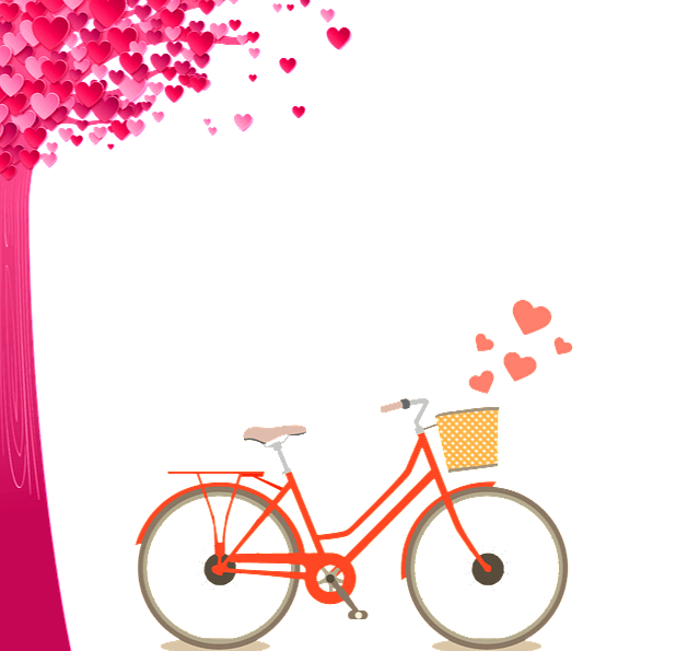 분홍 하트가 가득한 사랑의 나무가 서 있다. 나무 오른쪽에는 주황색 자전거가 있다. 사랑하는 연인이 타는 자전거다.