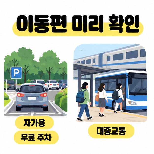 자가용 무료 주차와 기차 및 버스를 이용하는 대중교통을 비교해 이동편을 미리 확인하도록 안내하는 이미지