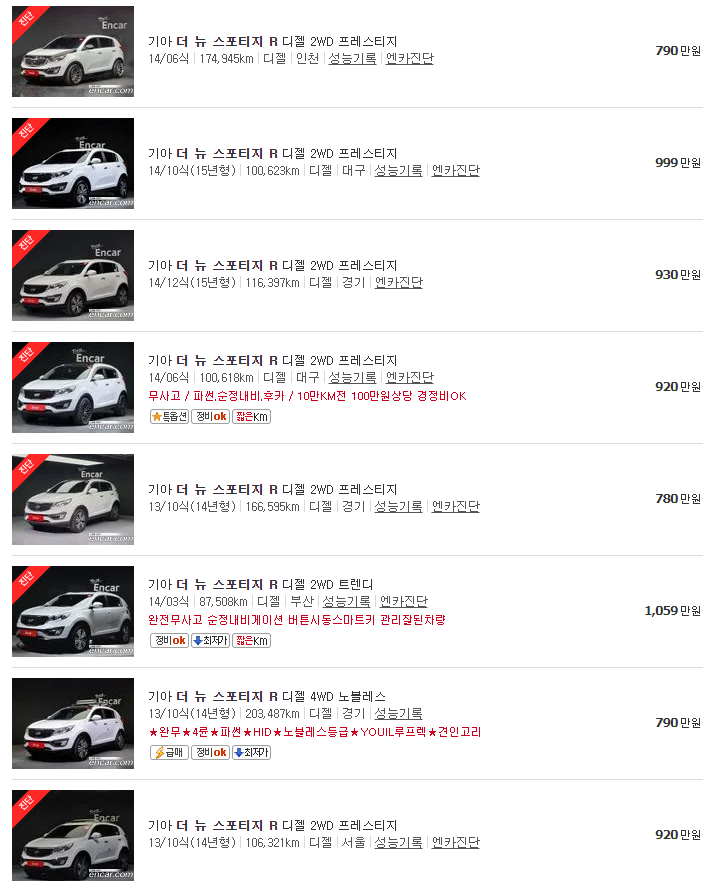 더 뉴 스포티지 R 중고차 가격
