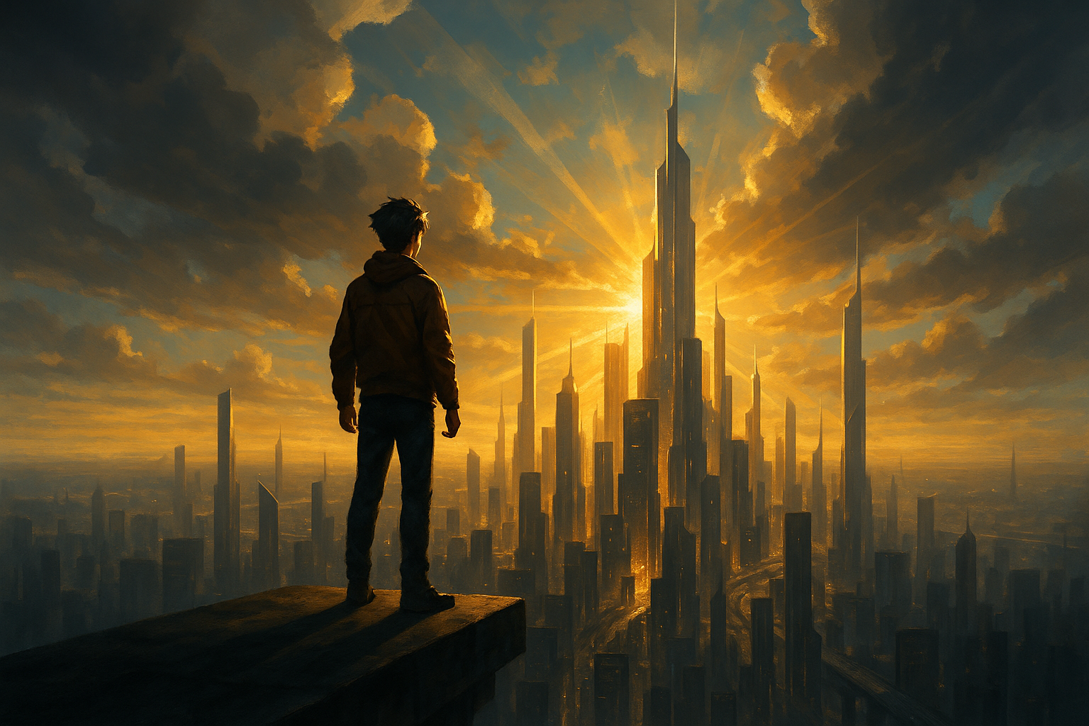 홀로 먼 곳에서 해가 뜨는 도시를 바라보는 사람 뒷모습