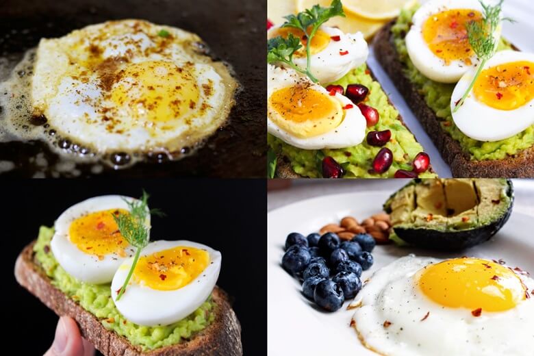 달걀을 이용한 음식사진으로 상단 왼쪽부터 후라이팬 위에 댤걀 후라이가 어느정도 익혀진 상태의 달걀후라이 사진과 달걀을 삶아서 반으로 자른후 식빵에 소스를 바르고 그위에 올려둔 사진이며 하단좌측부터 소스를 바른 식빵위에 삶은 댤걀 한개를 반으로 쪼개서 올려둔 사진과 흰접시위에 포도, 아몬드, 속을 파낸 과일과 반숙상태의 달걀후라이가 있는 사진