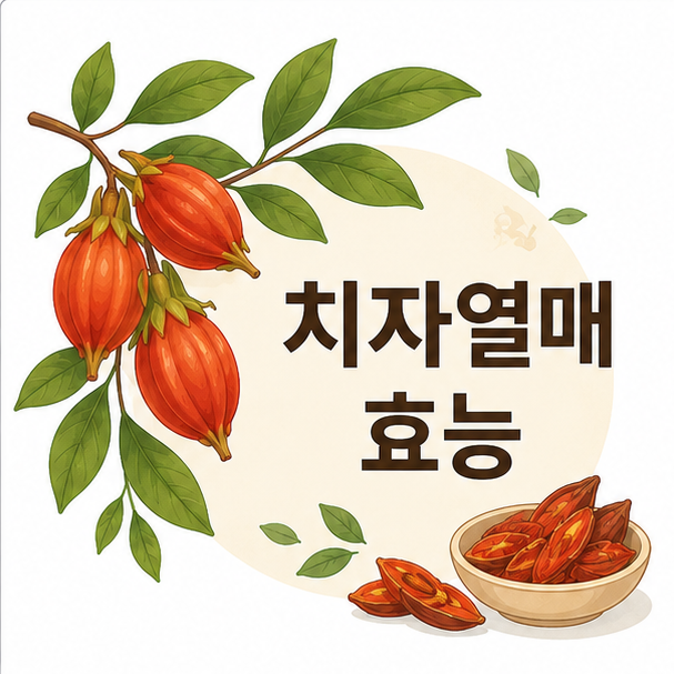 치자열매와 치자나무 잎으로 치자열매 효능을 표현한 건강 정보 이미지