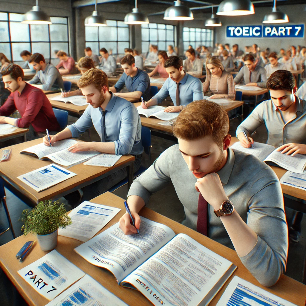 교실에서 토익 파트 7 독해 문제를 푸는 학생들