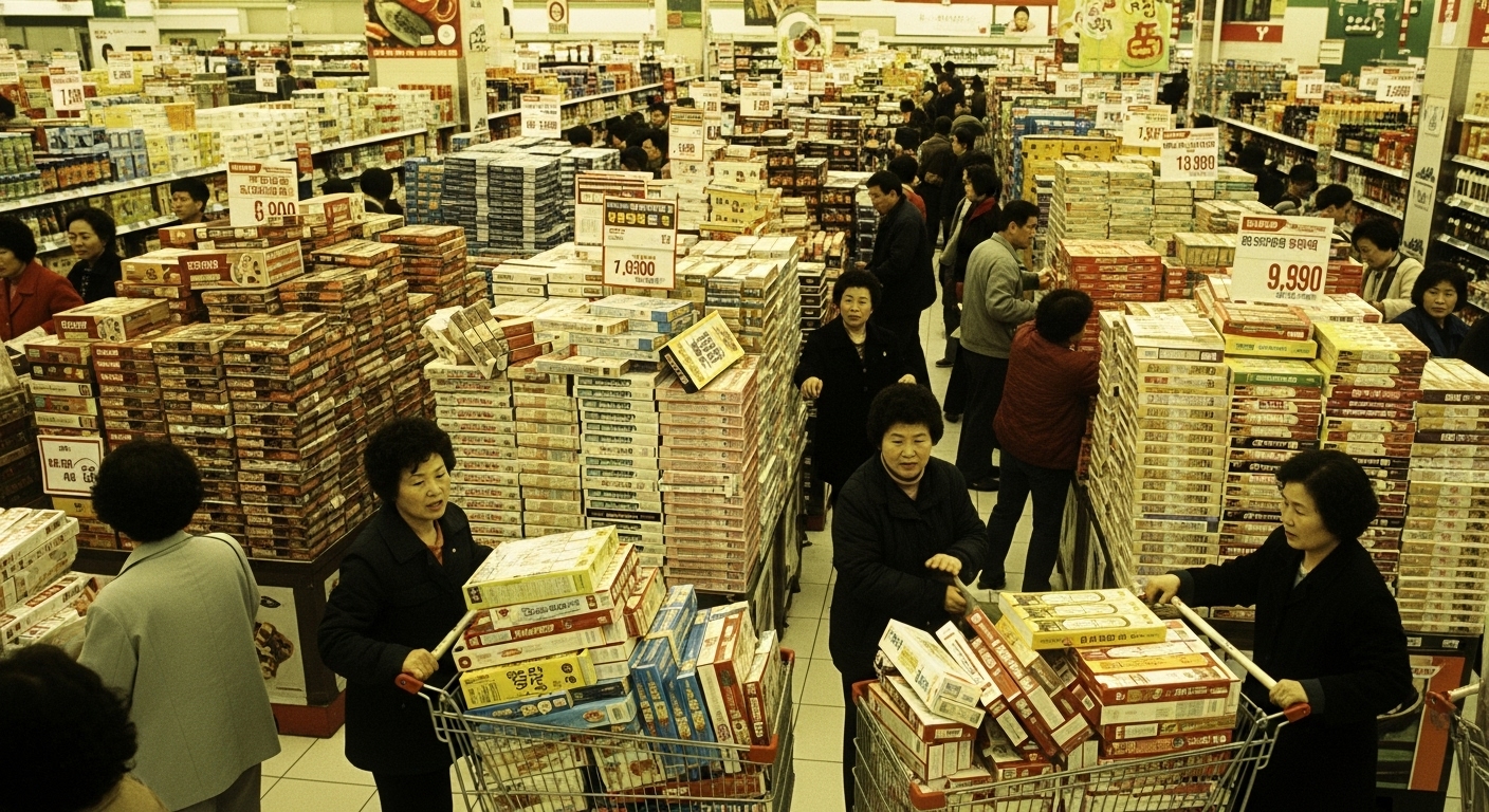 2000년대 초 대형마트에 빼빼로 상품들이 과도하게 진열되어 있는 모습. 사람들이 쇼핑카트에 빼빼로를 가득 담고 있어 상업화된 빼빼로데이의 분위기를 보여줍니다.