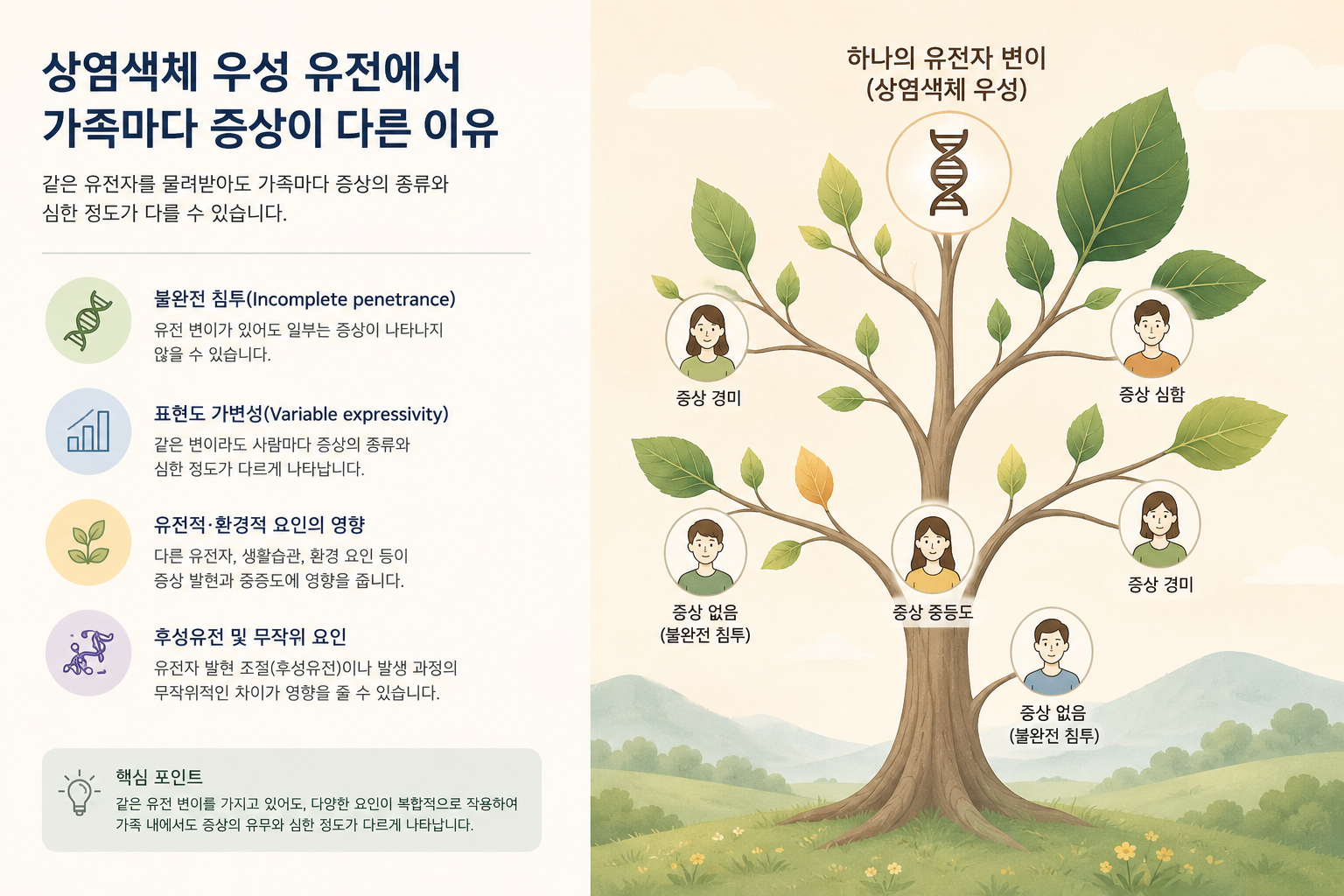 상염색체 우성 유전에서 가족마다 증상이 다르게 나타나는 것을 나타낸 개념 일러스트