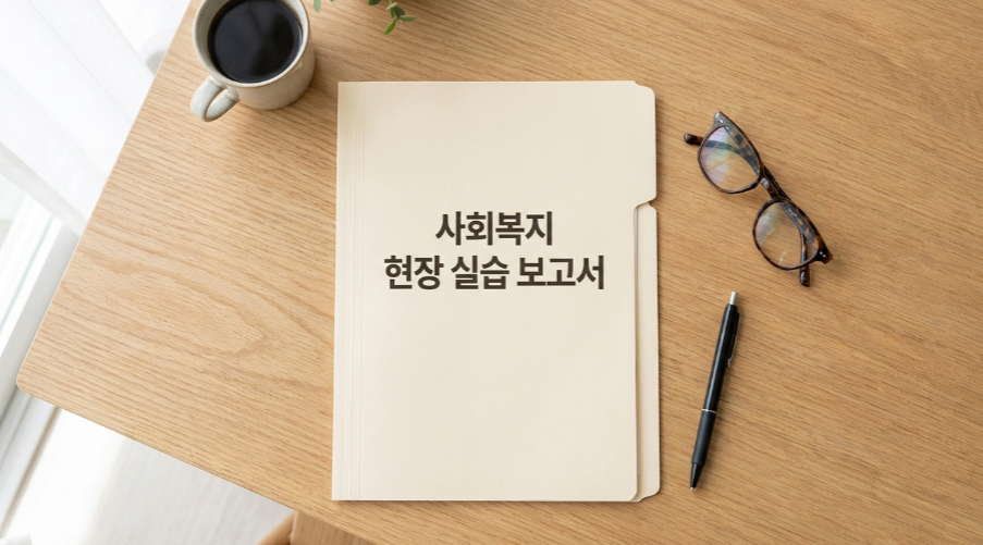 사회복지 현장실습 일지 양식과 볼펜, 안경이 놓여 있는 책상 위