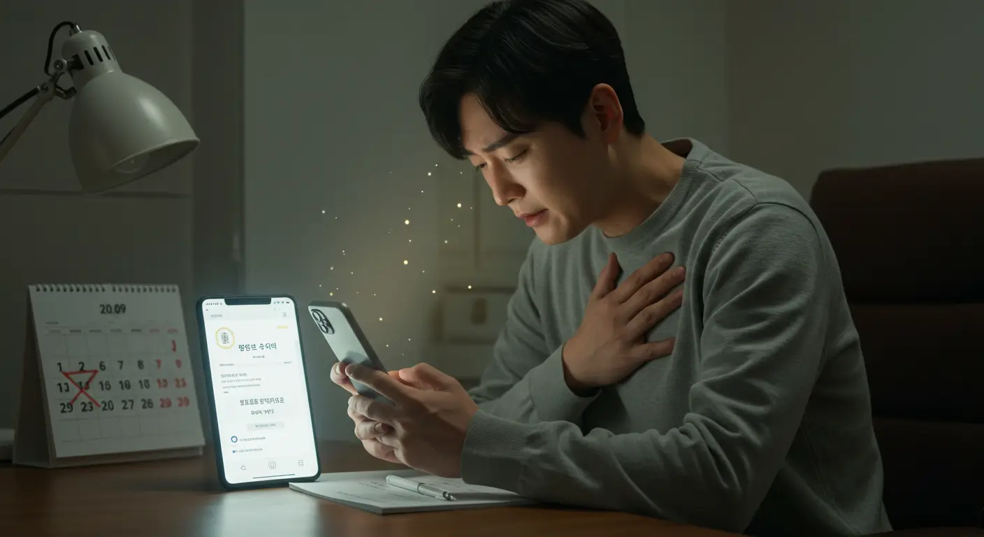 한 사람이 지원금 신청 기간을 놓친 뒤, 스마트폰으로 이의신청을 완료하고 안도의 한숨을 내쉬는 모습