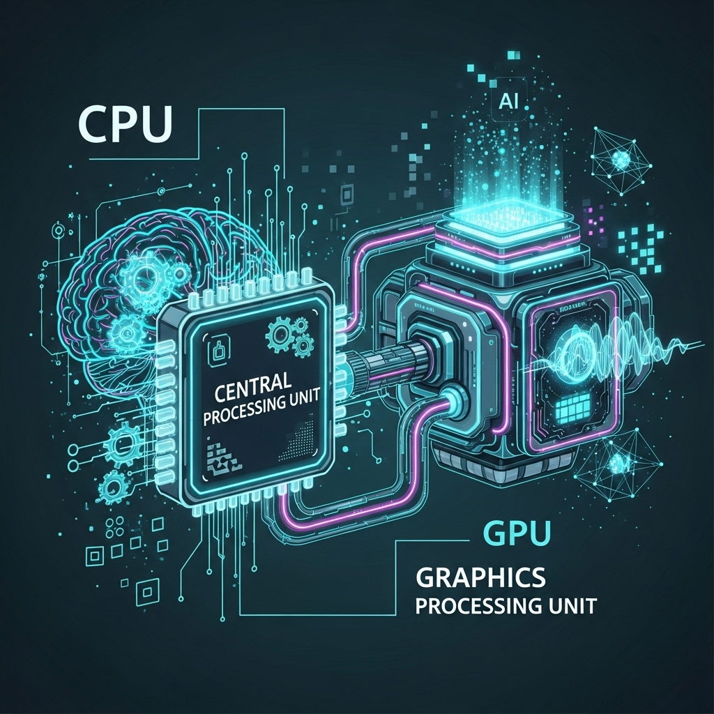 컴퓨터의 두뇌 CPU와 그래픽 엔진 GPU가 서로 연결되어 작동하는 모습을 틸-라이트그레이 색상 테마로 표현한 미래 지향적 인포그래픽.