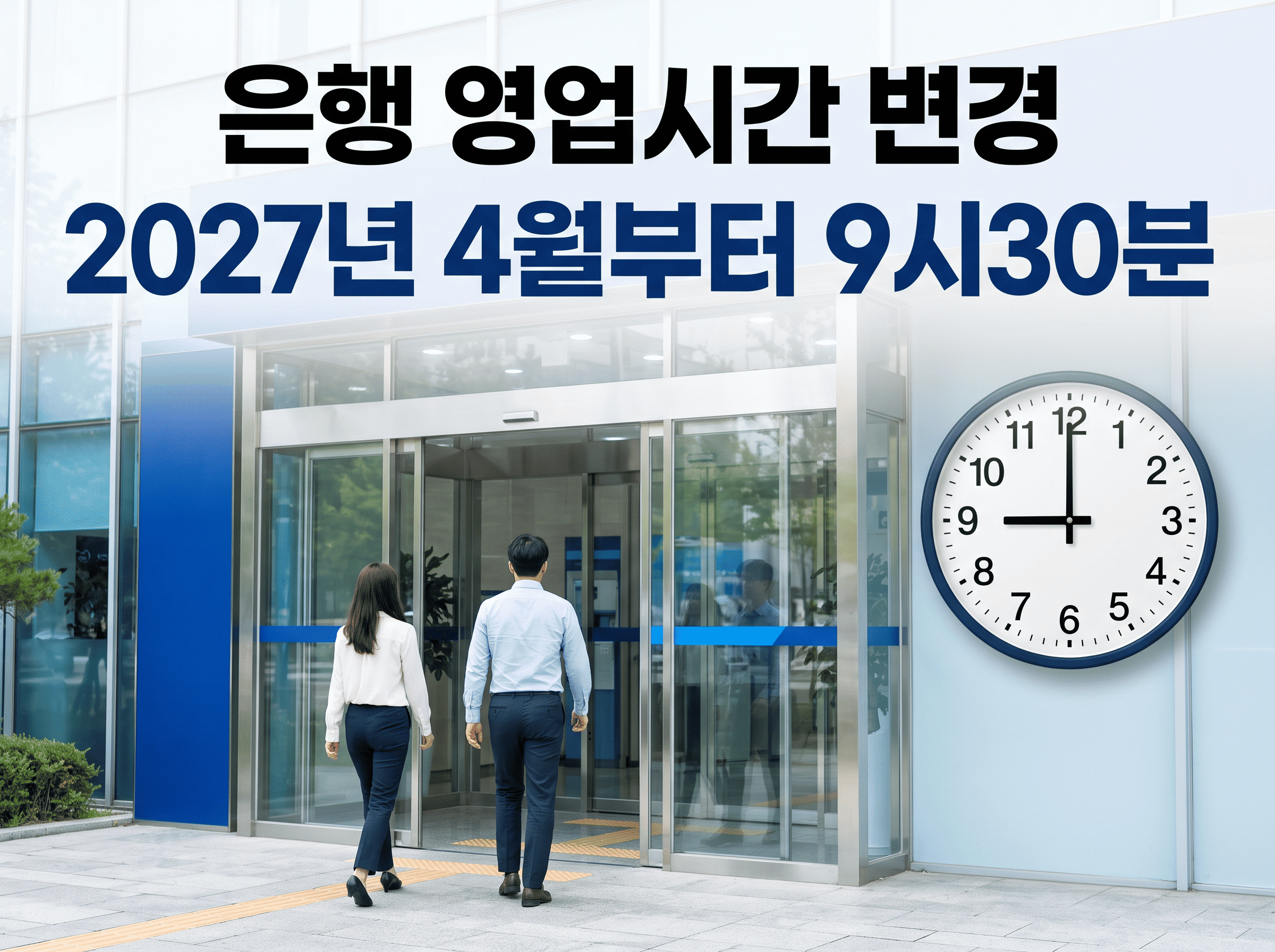 오전 9시30분을 가리키는 시계가 있는 은행 출입구와 영업시간 변경 안내