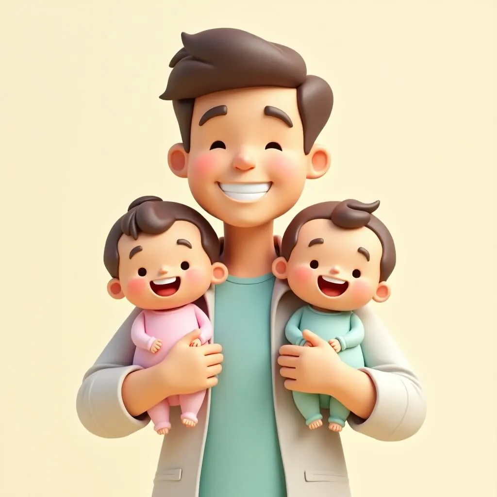 2026년 국민연금 개편 출산 크레딧 둘째 자녀 혜택을 나타내는 3D 일러스트. 아빠가 아기 두 명을 양팔에 각각 안고 환하게 웃는 모습으로 둘째 출산 시에도 가입기간 12개월 추가 인정 혜택이 지속됨을 시각화하며&amp;#44; 출산 크레딧 상한 50개월 폐지로 다자녀 가정 지원이 확대됨을 표현 