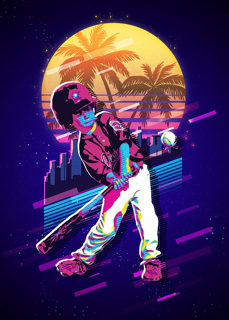 야구 선수가 배트를 휘두르는 순간을 80년대 레트로 스타일의 네온 컬러와 실루엣으로 표현한 그래픽 일러스트. 배경에는 야자수와 도시 실루엣이 보인다.