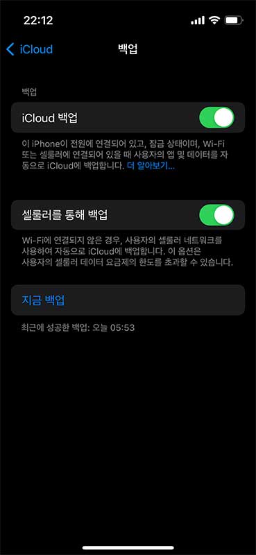 가장 저장공간을 많이 차지하는 사진과 백업 항목.