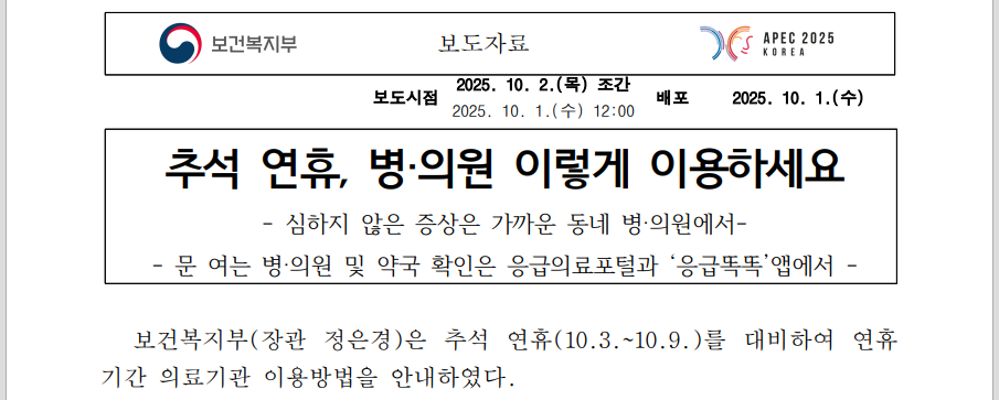 2025 추석 응급상황 대처법, 꼭 저장하세요 (출처 : 보건복지부)