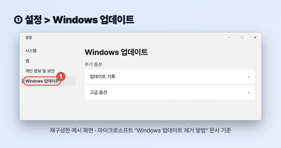 설정 Windows 업데이트, 업데이트 기록, 관련 설정의 업데이트 제거 순서로 이동하는 GIF