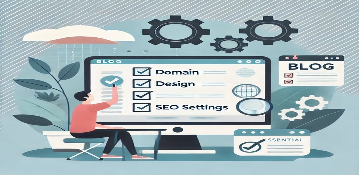 블로그 개설 준비를 하는 남성이 컴퓨터 화면 앞에서 도메인, 디자인, SEO 세팅 항목을 체크하고 있는 장면의 일러스트 이미지