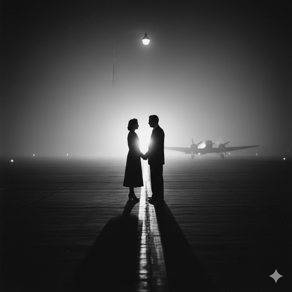 영화 카사블랑카 속 안개 자욱한 비행장 배경으로 서로의 손을 맞잡은 연인의 실루엣