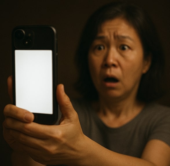 스마트폰을 보기위해 팔을 쭉 뻗은 중년 여성