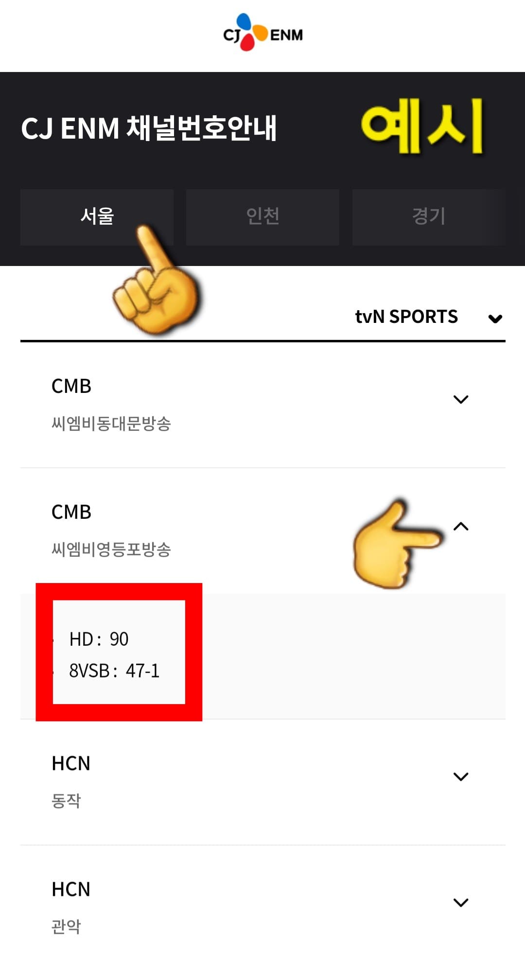 tvN-SPORTS-채널번호-쉽게-확인하는-방법-안내-서울-영등포구에-거주하며-CMB영등포방송을-이용하는-경우,-HD-채널은-90번,-8VSB-채널은-47-1번인-것을-알-수-있습니다