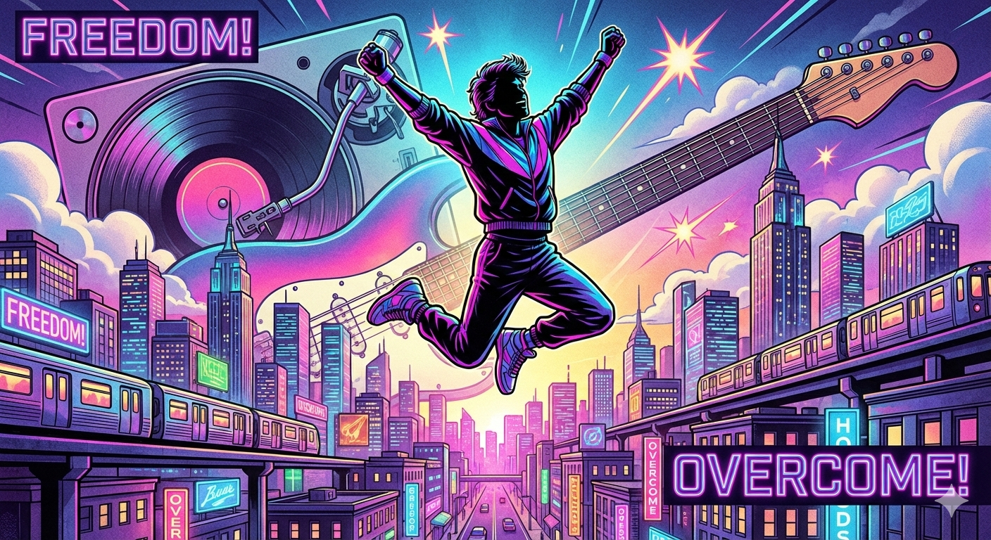 신나는 무대 위에서 점프하는 밴 헤일런의 보컬 데이비드 리 로스와 활기 넘치는 밴드 멤버들.