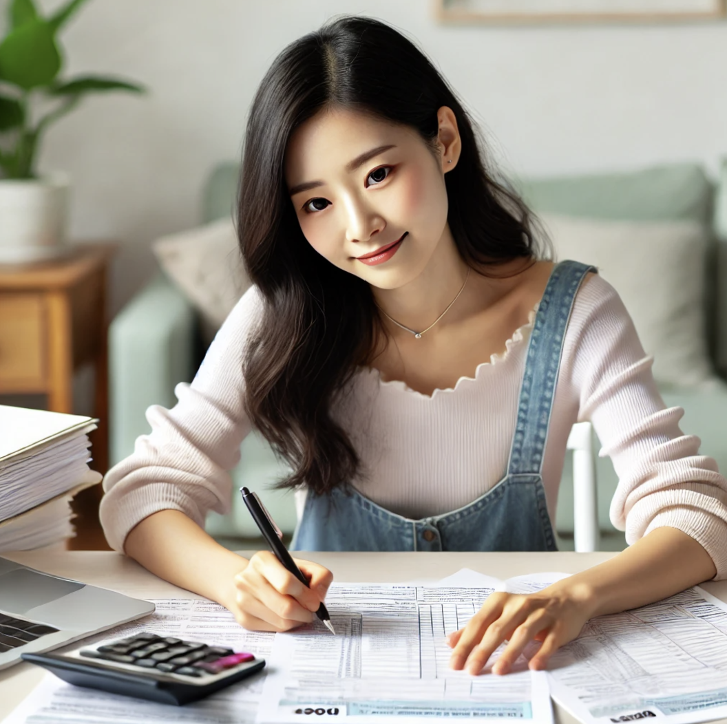 종합소득세 신고서를 작성하는 여성.