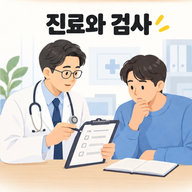 의료진과 증상 기록을 확인하며 진료와 검사를 상담하는 그림