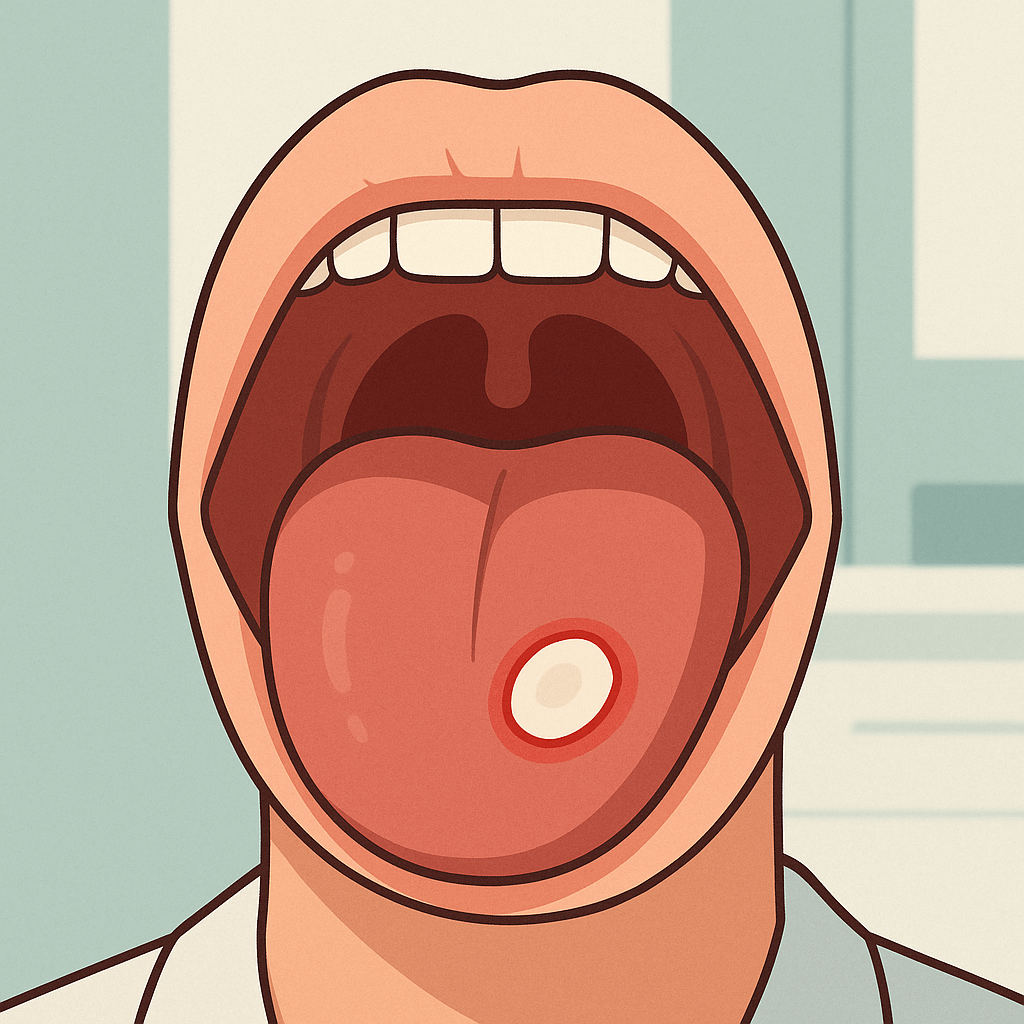 입을 살짝 벌린 상태에서 혀 끝에 하얀 궤양이 보이는 일러스트(출처**자체제작)