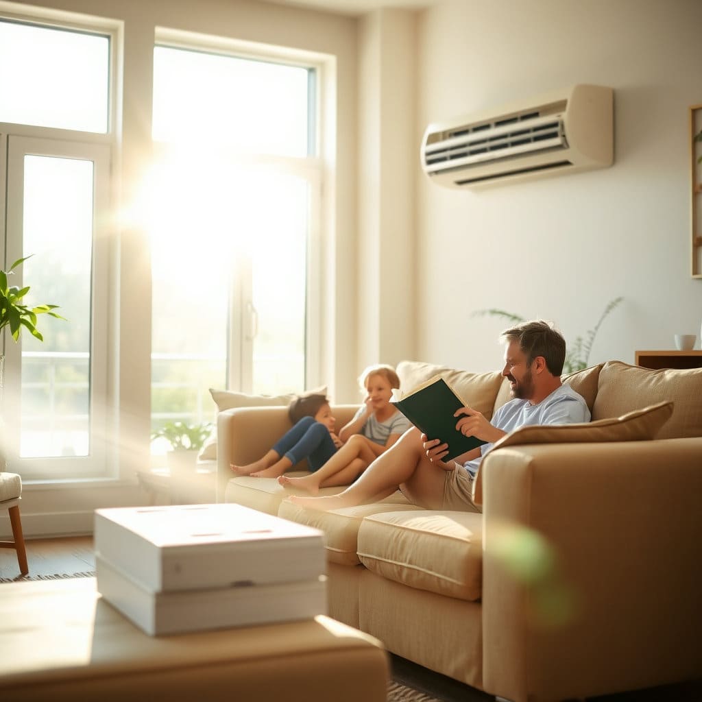 거실에서 에어컨 바람을 쐬며 책을 읽거나 대화하는 가족의 모습이 보입니다. 창밖은 뜨거운 여름 햇살이 내리쬐지만, 집 안은 시원하고 평화로운 분위기입니다. 따뜻하고 아늑한 실내 분위기와 대비되는 시원한 공기를 표현하여 안락함을 강조합니다.