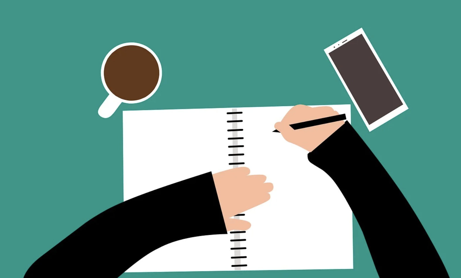AI 글쓰기 도구 사용 경험을 기록하는 사람의 손과 노트북 없이 메모 중인 장면을 표현한 일러스트