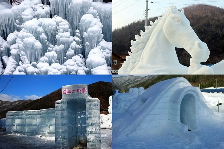 상단좌/우측사진은 얼음분수 상단부분을 찍은 사진으로 마치 얼음으로된 해파리가 바닷속에서 위로 솟아 오르는 듯한 모습과 말의 흉상(머리, 목, 가슴, 앞발)을 눈으로 만든 조각품이며, 하단좌/우측사진은 얼음을 직사각형으로 잘라서 쌓아올려 동굴 형태를 만든 얼음조각품과 눈으로 세모로된 집에 아치형 출입구가 있는 눈조각품