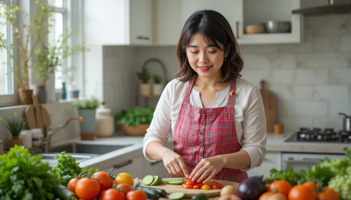 여름 제철 채소를 요리 중인 한국인 여성