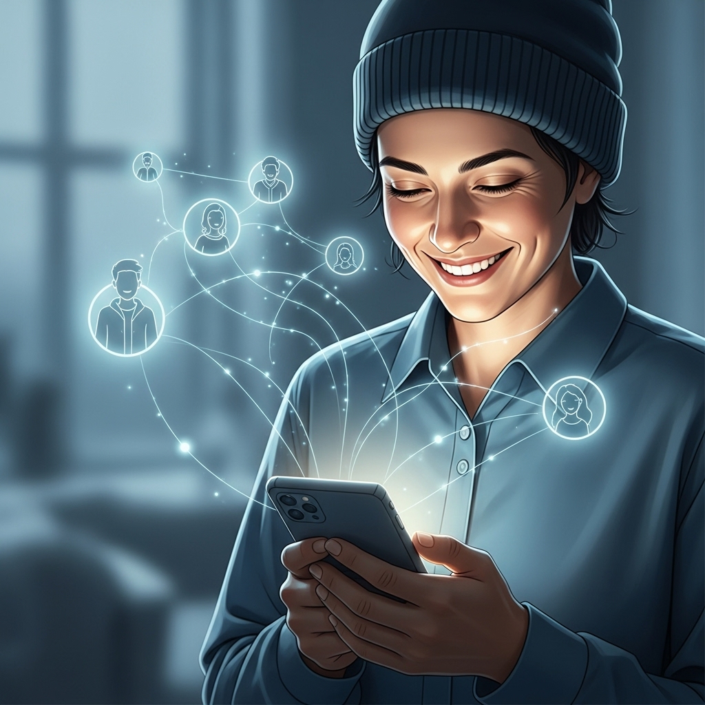 소셜 미디어 피로감을 극복하고 진정한 관계를 형성하며 행복하게 웃고 있는 사람의 모습