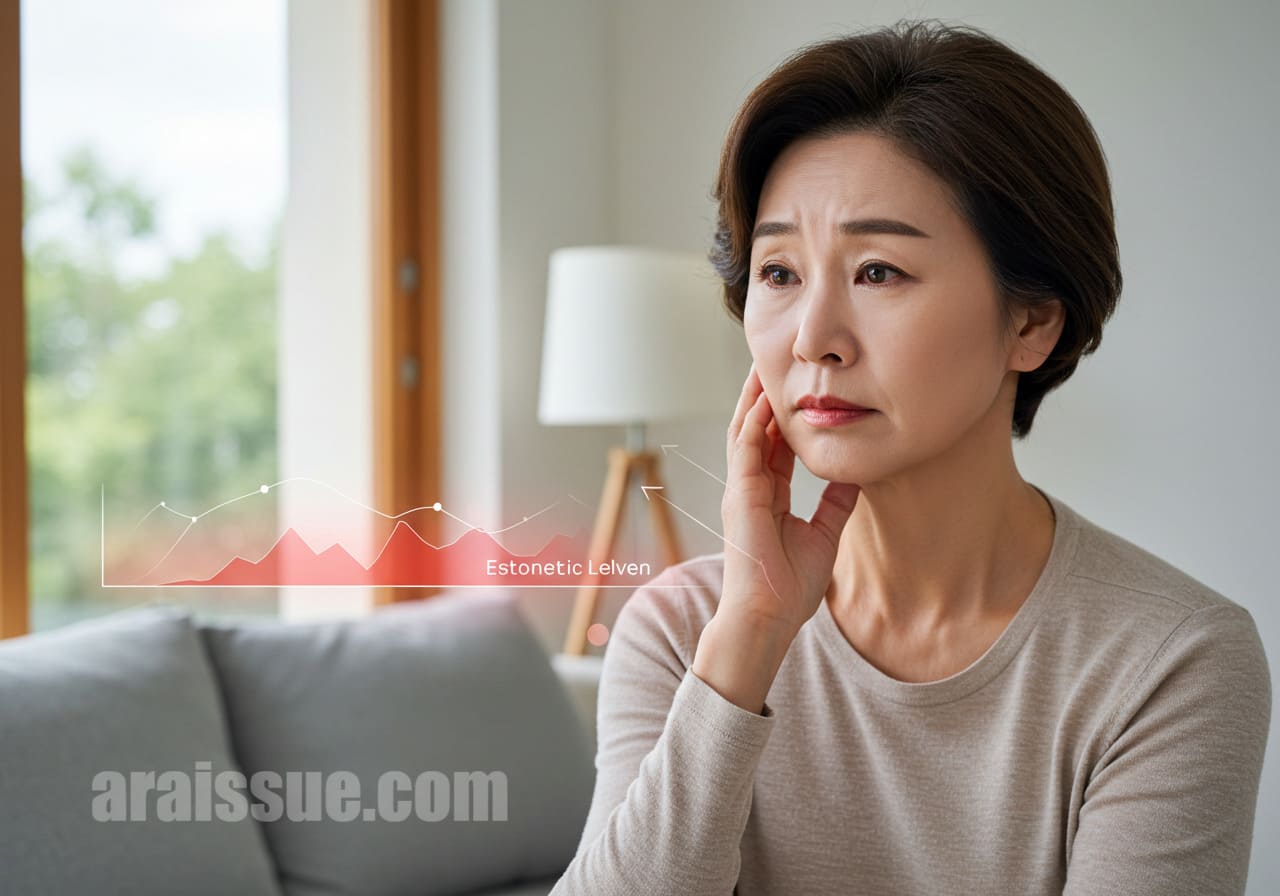 50대 한국 여성이 창가에 앉아 에스트로겐 감소를 시각적으로 표현한 이미지입니다. 창문을 통해 부드러운 햇빛이 비추고 있으며, 걱정스러운 표정을 짓고 있습니다.