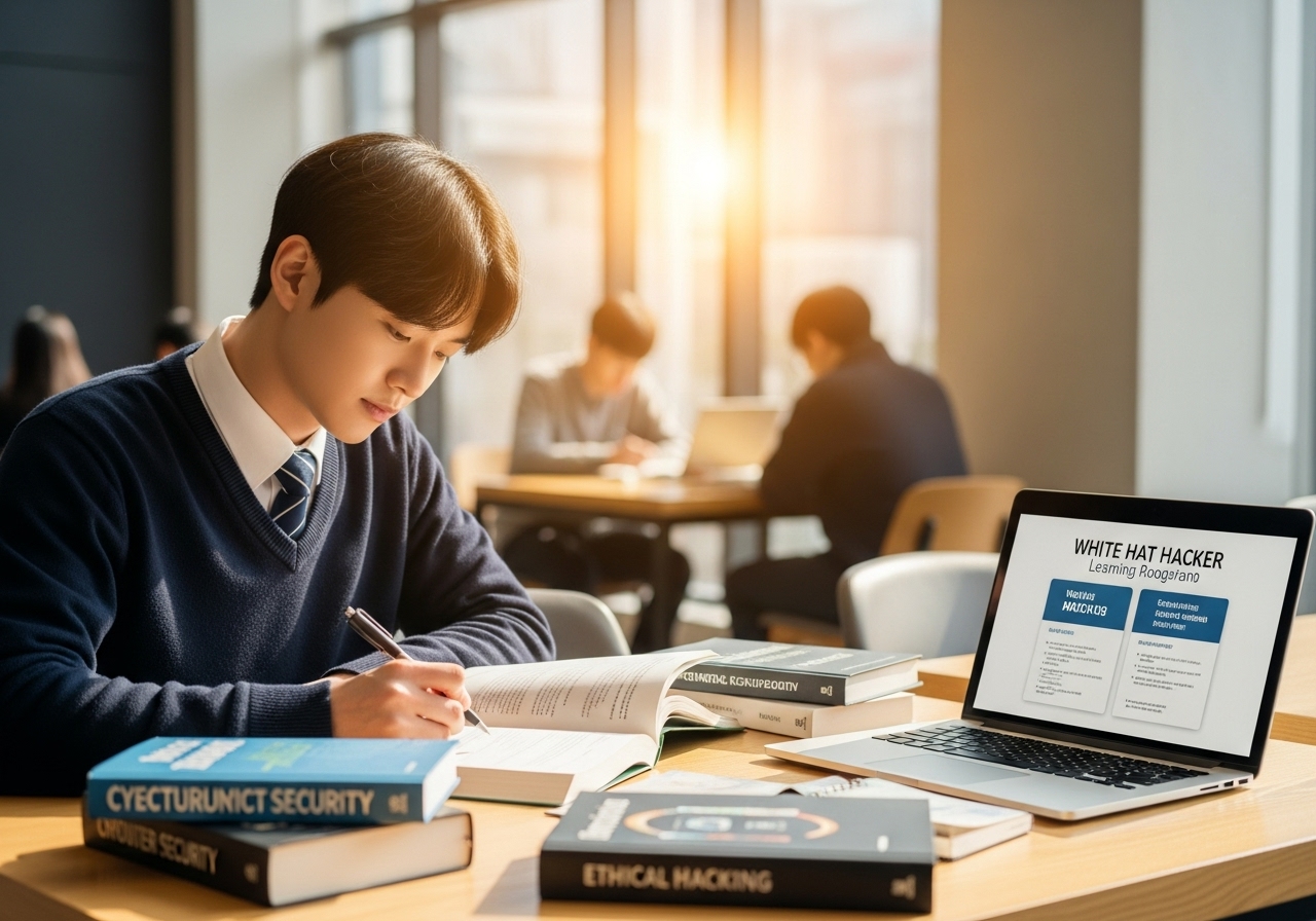 서울의 카페에서 화이트 해커가 되기 위해 보안 공부를 하고 있는 한국 학생의 열정적인 모습