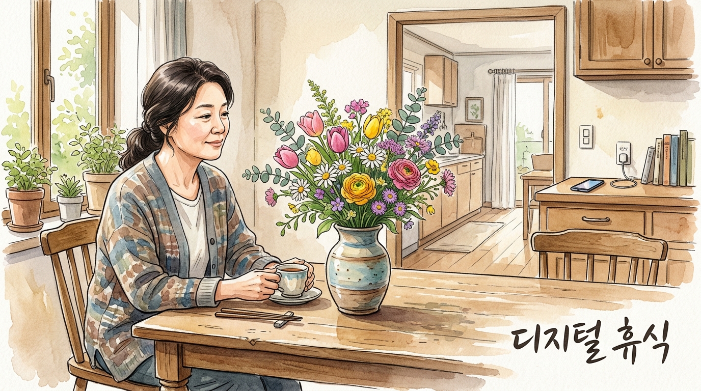 가까이 꽃병을 두어 스마트폰을 멀리 함으로써 뇌를 휴식 시켜주고 있는 모습.
