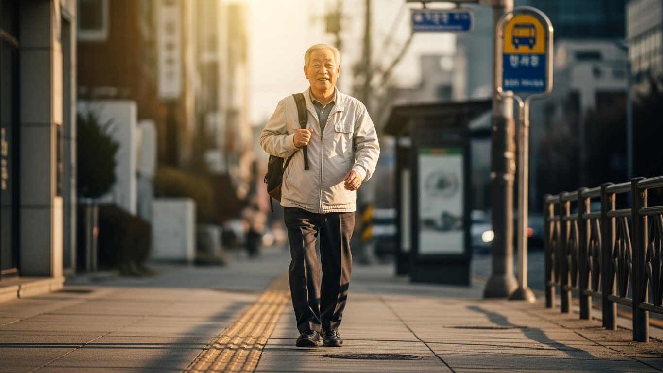 교통비 부담을 덜고 K-패스를 활용해 활기차게 외부 활동을 즐기시는 어르신의 건강한 모습