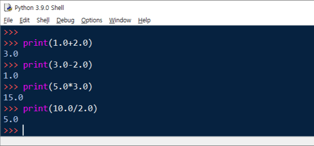 파이썬 실수 자료형을 이용한 사칙연산 예제 코드