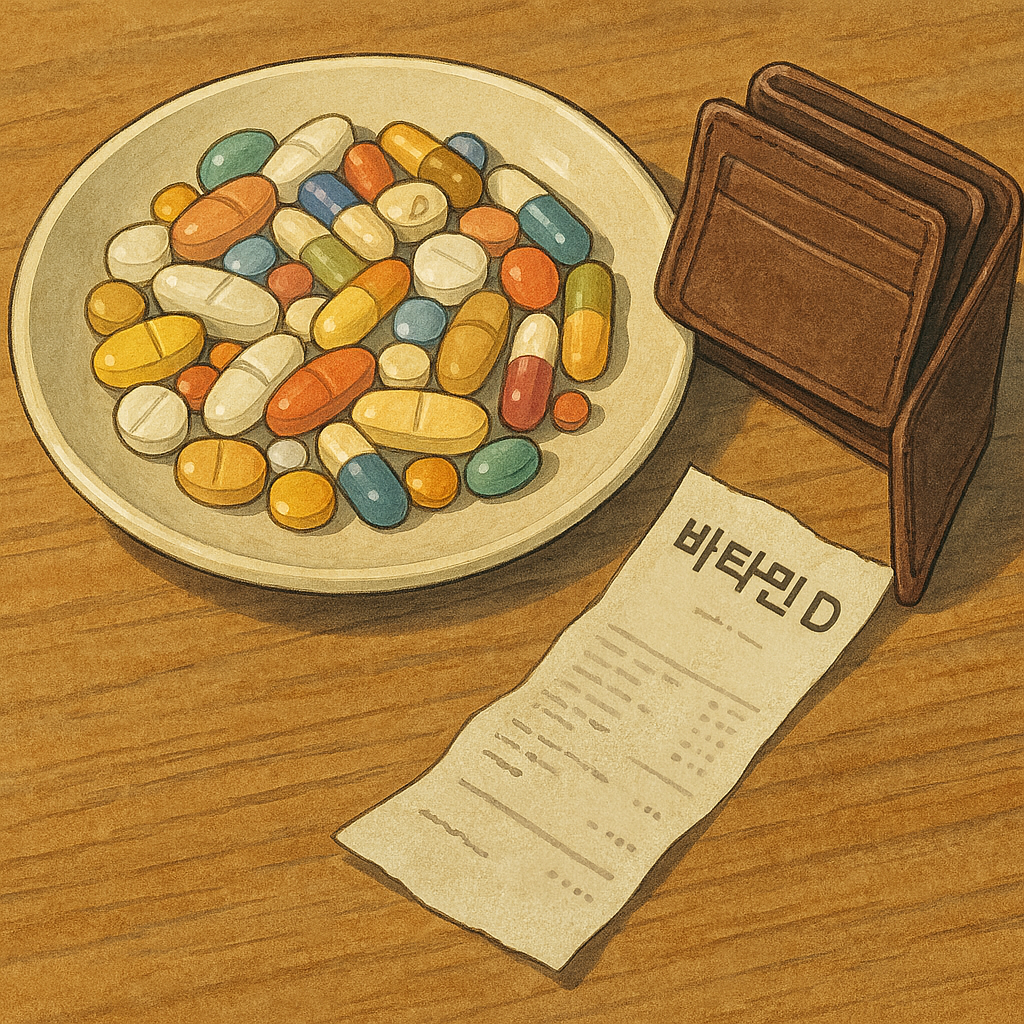 알약이 가득 담긴 접시 옆에 놓인 텅 빈 지갑과 영수증