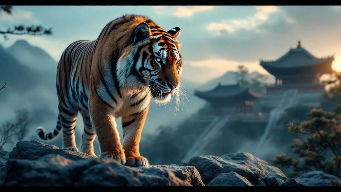 안개 낀 한국 산속을 걷는 아무르 호랑이와 배경의 고대 사찰