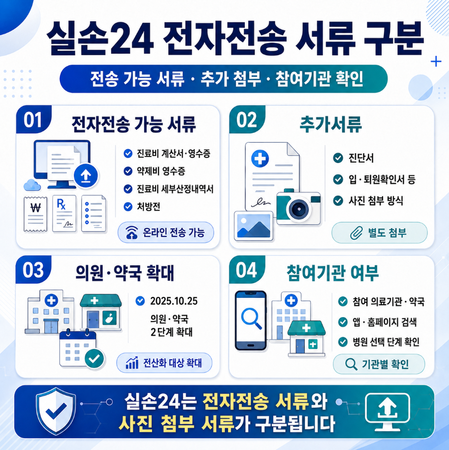 실손24 전자전송 가능 서류와 추가서류, 의원&middot;약국 확대, 참여기관 확인 방법을 정리한 인포그래픽