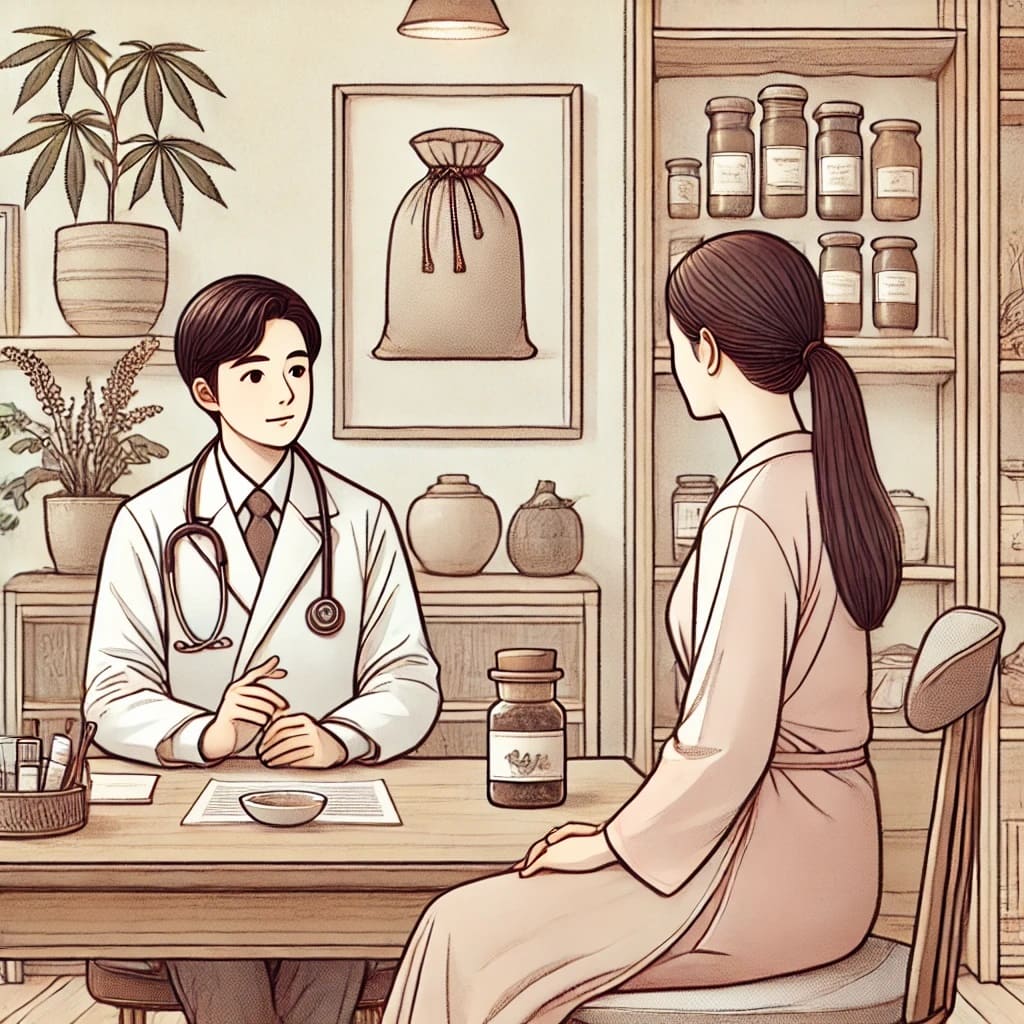 Illustration of a woman consulting with a Korean medicine doctor in a traditional herbal clinic