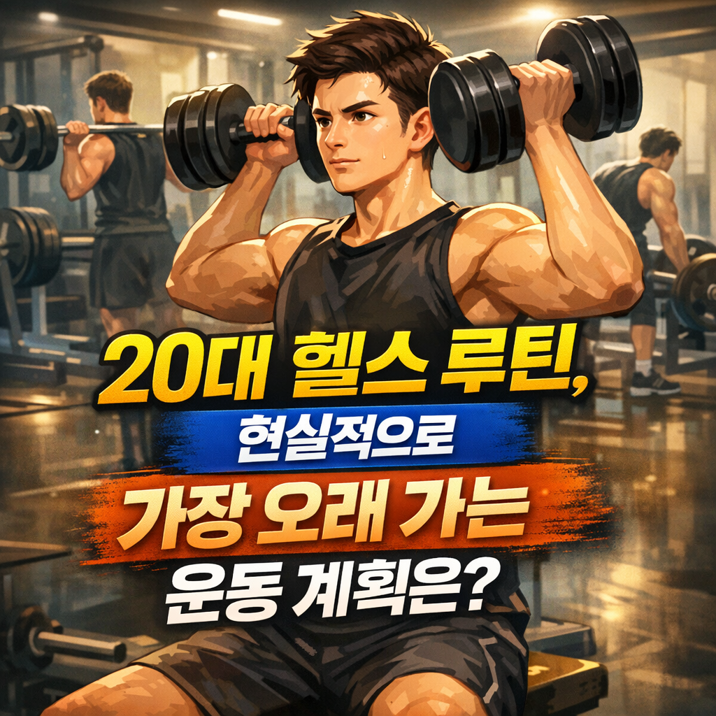 20대 헬스 루틴 현실적으로 가장 오래 가는 운동 계획을 고민하며 덤벨 프레스를 하는 남성 이미지