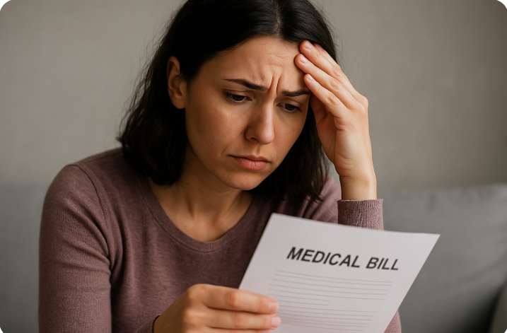 의료비 고지서를 보고 고민하는 여성의 모습