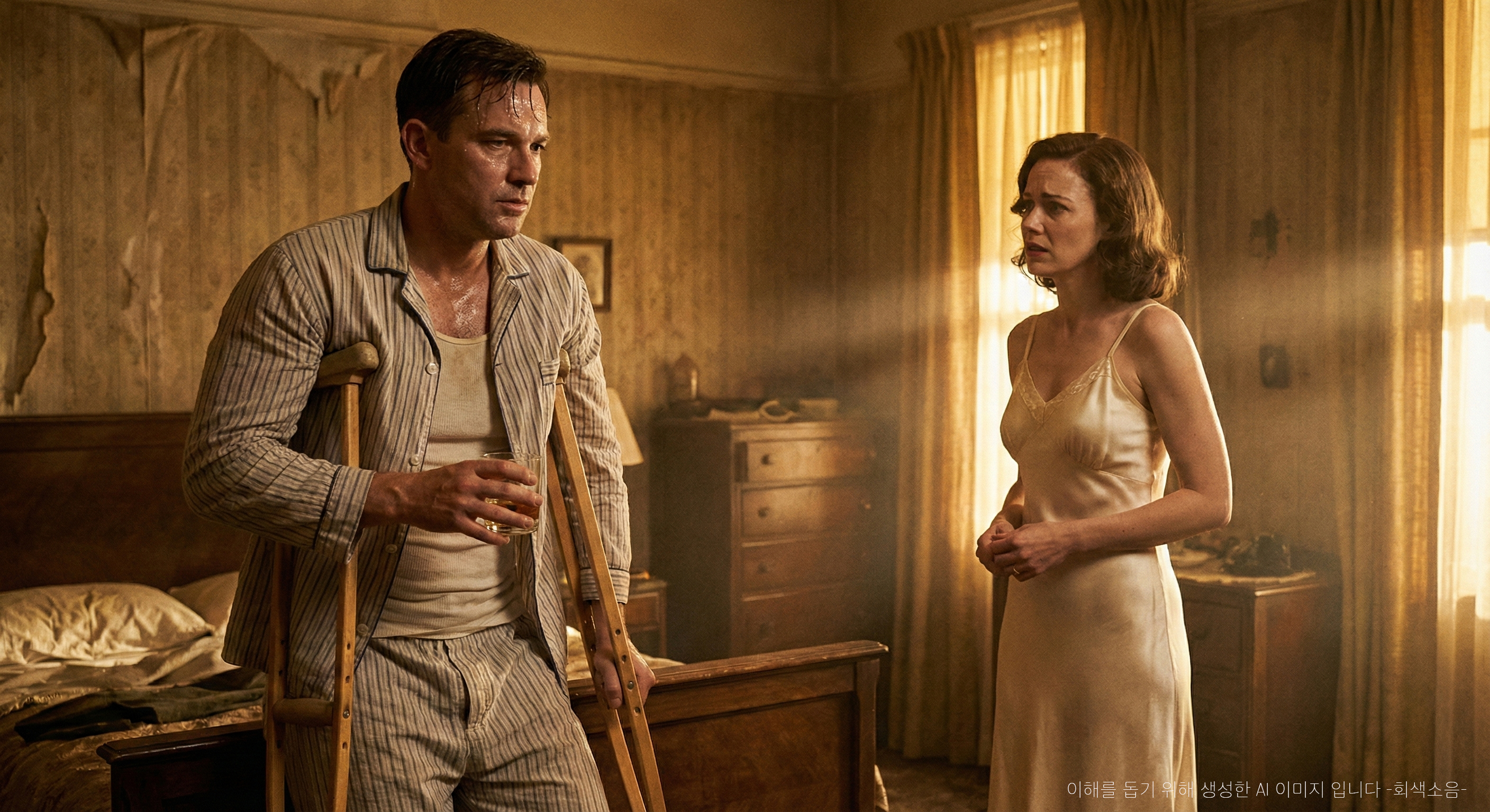 1950년대 미국 남부의 더운 침실에서, 땀에 젖은 남자는 목발과 위스키 잔에 기대 무심히 서 있고 여자는 절박한 표정으로 마주한 채 숨 막히는 열기와 긴장이 감도는 장면.
