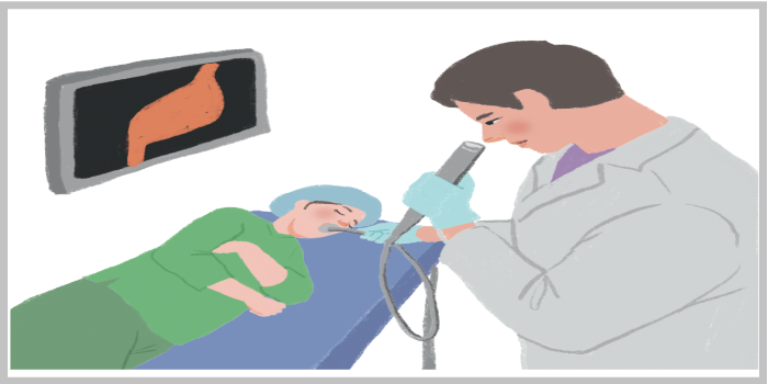 의사가 내시경을 이용해 검진 중인 환자 모습과 간 초음파 화면이 함께 있는 건강검사 장면"